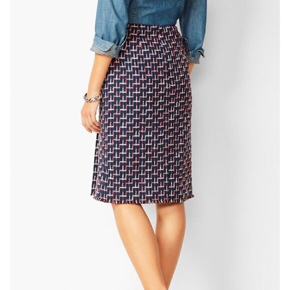 TALBOTS Boucle Navy White, Blue & Red Wrap Skirt With Slit - Picture 5 of 16